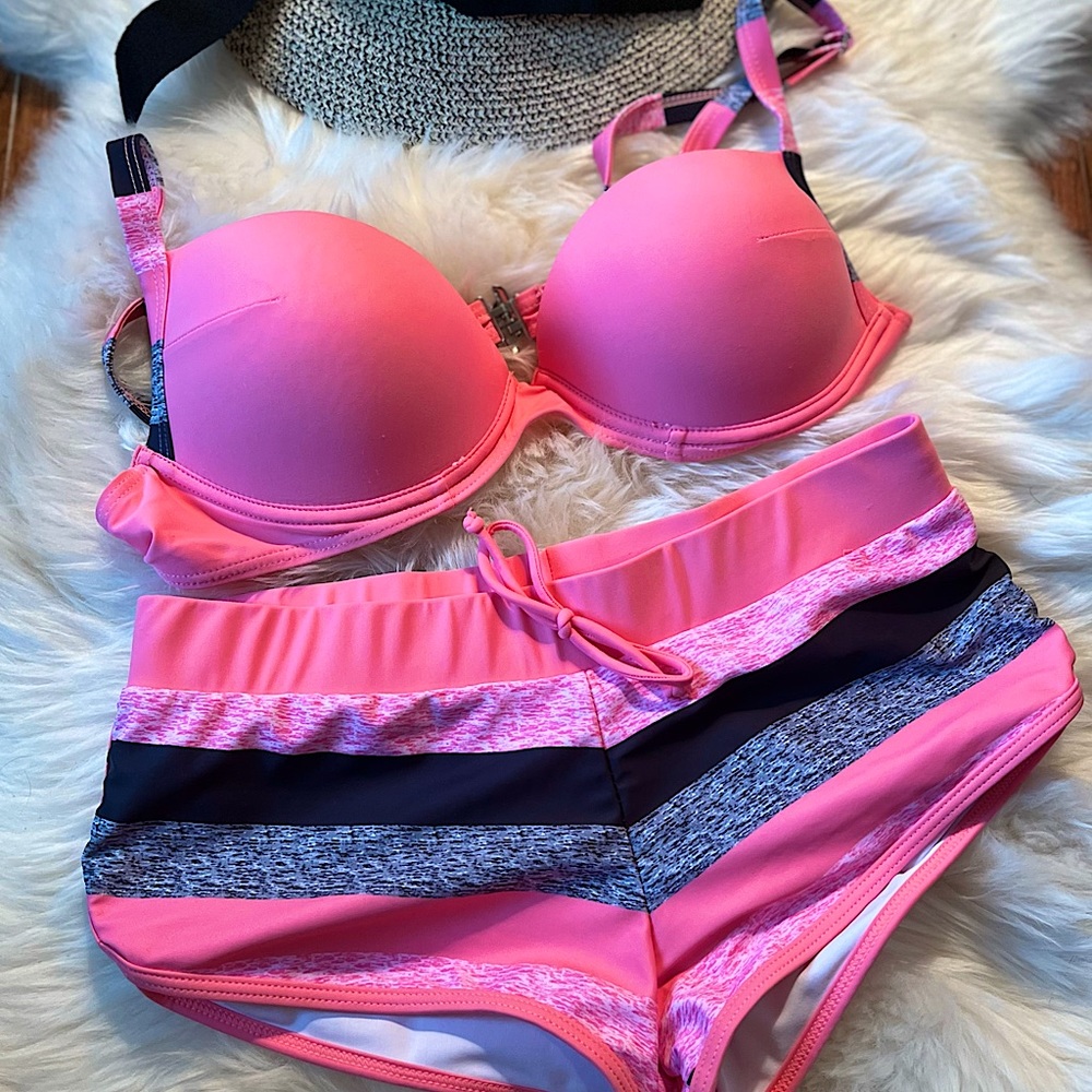 Peach, gray, and black striped bikini.